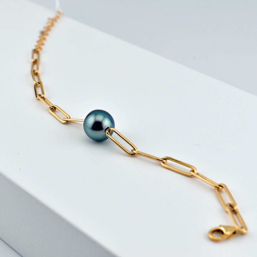 Bracelet plaqué or grandes mailles rectangulaires et perle de Tahiti bleue qualité A  