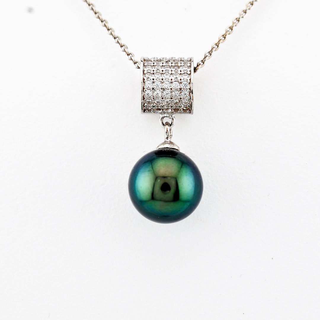 Pendentif argent 925 rhodié, zircons et perle de Tahiti bleu vert qualité A