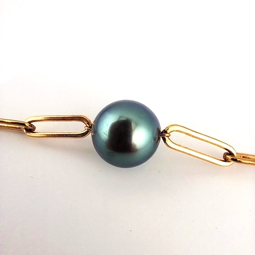 1682-4 Bracelet mailles rectangles gold filled, 1 perle de Tahiti ronde, catégorie A, 10.7mm, bleu