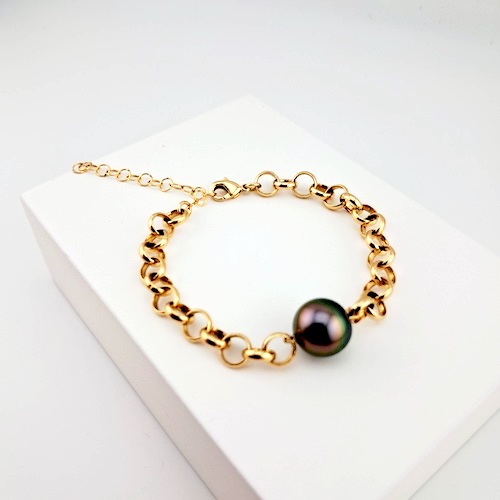 589-1 Bracelet mailles rondes en plaqué or, 1 perle de Tahiti ronde, catégorie A, 10.4mm, peacock