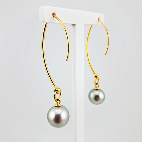 1607-3 Boucles d'oreilles en plaqué or, 2 perles de Tahiti rondes, cat. B 10.7mm / cat. C, 10.3mm, gris clair - vue dos