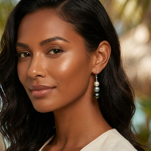 1662-modele Boucles d'oreilles asymétriques en argent 925 rhodié, 6 perles de Tahiti rondes, cat. B 11mm / cat. C 10.1mm / cat. C 8.5mm / cat. B 11mm / cat. B 10 mm / cat. C 8.6mm, gris foncé / gris clair / gris souris