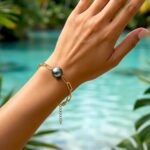 Bracelet mailles rectangles gold filled, 1 perle de Tahiti ronde, catégorie A, 10.7mm, bleu