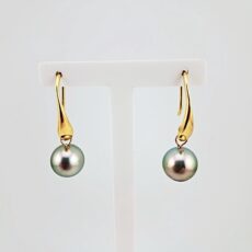Boucles d'oreilles crochets en plaqué or, 2 perles de Tahiti rondes catégorie A, 10.2/10mm, gris rosé