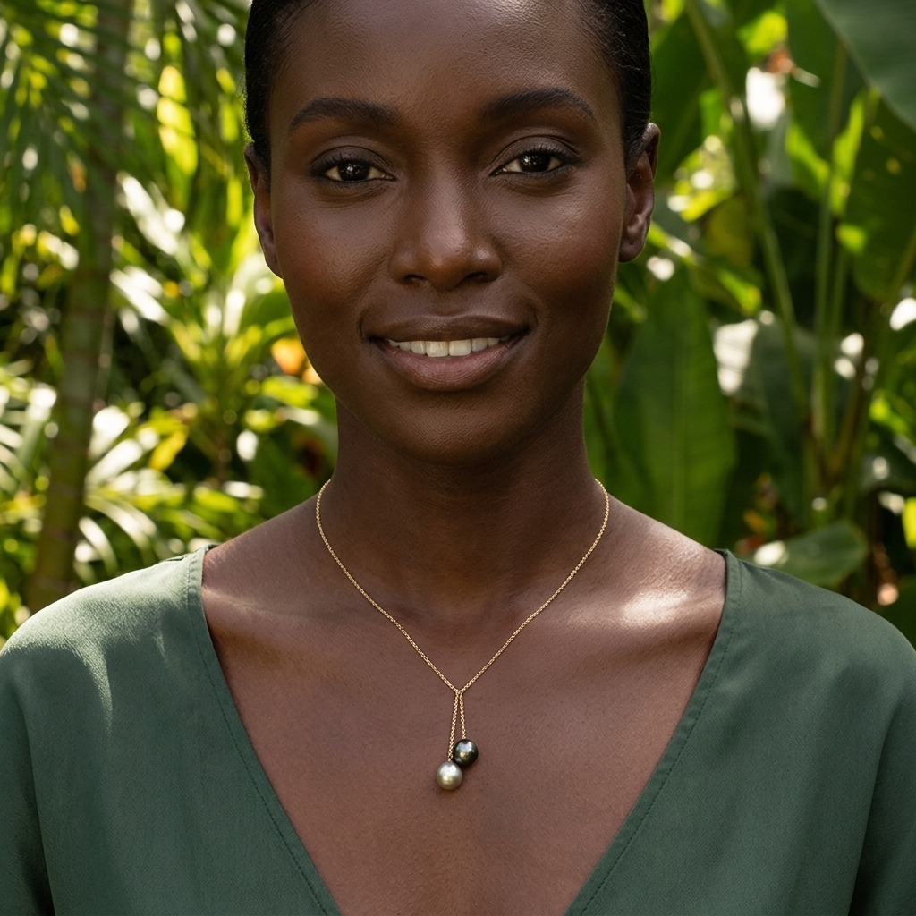1812-modele Collier en plaqué or, 2 perles de Tahiti semi-baroques, cat. A 10mm peacock foncé / cat. B 10.1mm blanc nacré