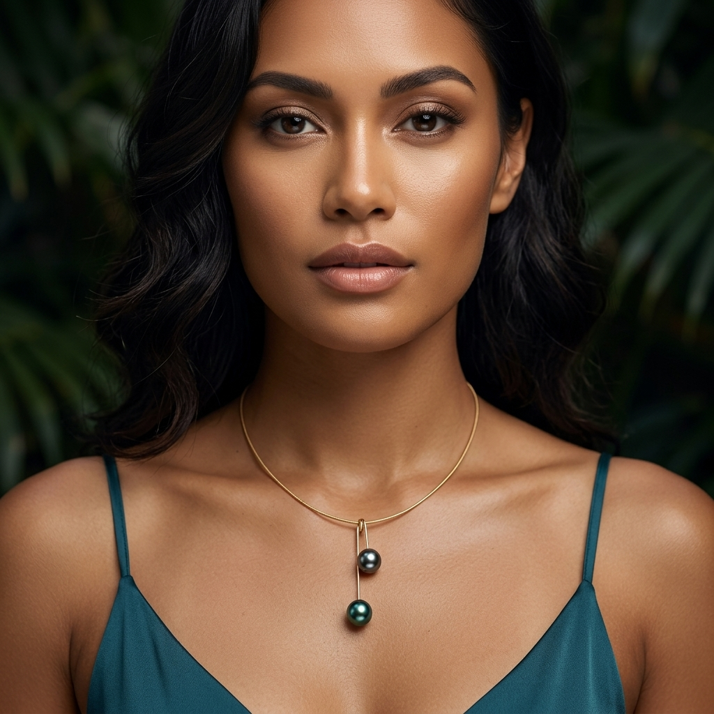 Collier 'mango' sur câble 40cm en or jaune 18 carats dévissable, 2 perles de Tahiti cat. 'top gem', ronde 9.1mm aubergine / ovale 9mm vert