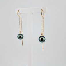 Boucles d'oreilles en or jaune 18 carats, 2 perles de Tahiti rondes, catégories A/B, 8.7mm, bleu vert