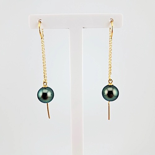 232-4 Boucles d'oreilles en or jaune 18 carats, 2 perles de Tahiti rondes, catégories A/B, 8.7mm, bleu vert
