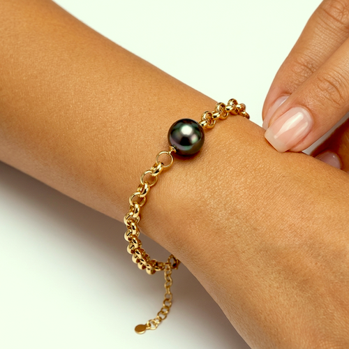 589-poignet Bracelet mailles rondes en plaqué or, 1 perle de Tahiti ronde, catégorie A, 10.4mm, peacock