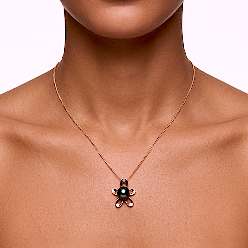 722-modele Pendentif 'fleur' en argent 925 plaqué or rose, 1 perle de Tahiti ronde, catégorie B, 9.5mm, bleu vert