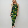 Robe longue YAELLE, fluide et faite main, aux motifs tropicaux. Création exclusive COCOBLANC, disponible à Moorea, en Polynésie française.