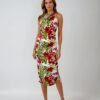 Robe longue XANTIA, légère et faite main, aux motifs tropicaux. Création exclusive COCOBLANC, disponible à Moorea, en Polynésie française.