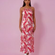 Robe longue YAELLE, fluide et faite main, aux motifs tropicaux. Création exclusive COCOBLANC, disponible à Moorea, en Polynésie française.