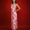 Robe longue YAELLE, fluide et faite main, aux motifs tropicaux. Création exclusive COCOBLANC, disponible à Moorea, en Polynésie française.