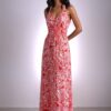 Robe longue ZOE, dos ouvert, faite main, motifs tropicaux. Création exclusive COCOBLANC, disponible à Moorea, en Polynésie française.
