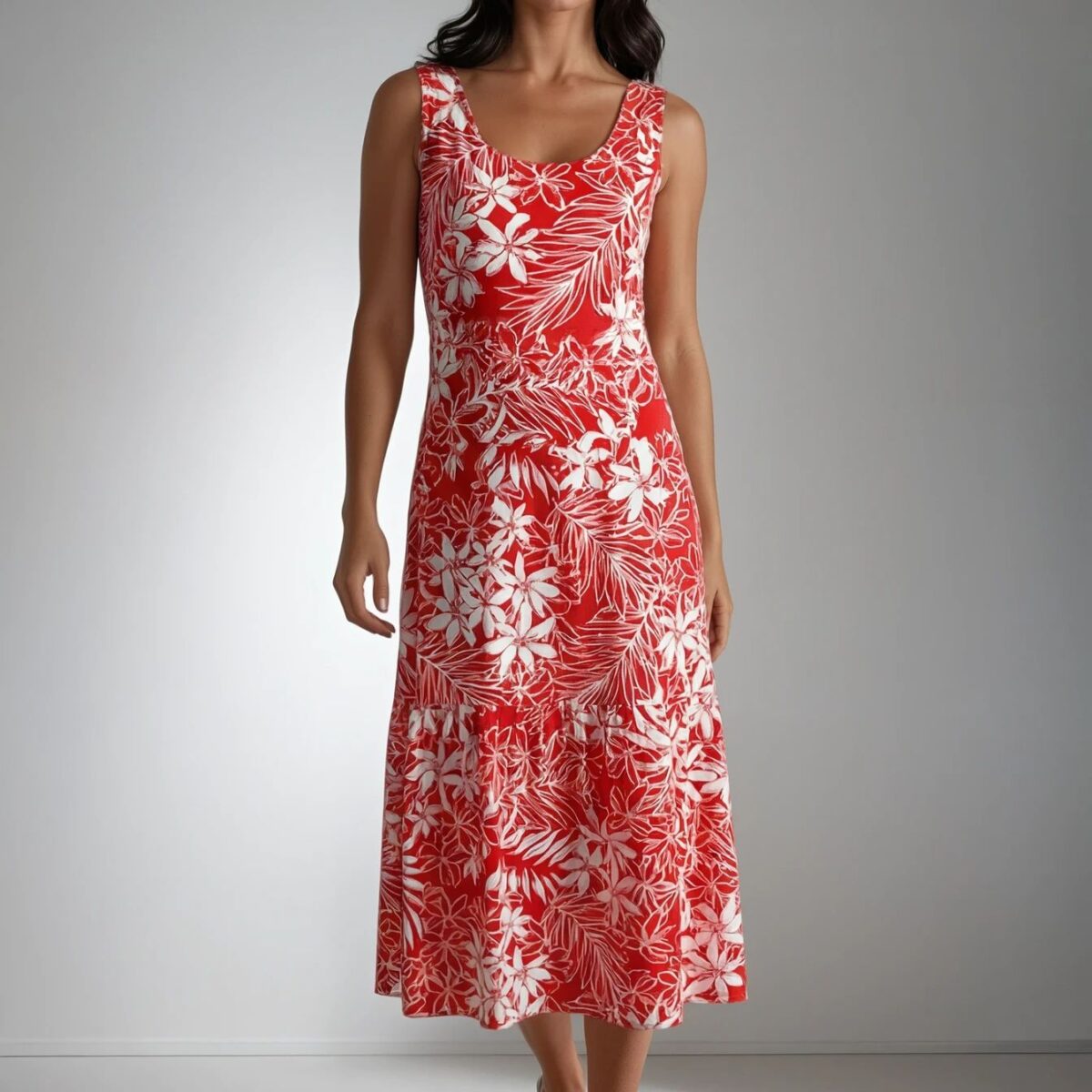 Robe longue HELENA, légère et faite main, aux motifs tropicaux. Création exclusive COCOBLANC, disponible à Moorea, en Polynésie française.