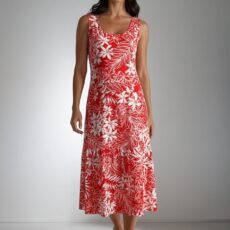 Robe longue HELENA, légère et faite main, aux motifs tropicaux. Création exclusive COCOBLANC, disponible à Moorea, en Polynésie française.