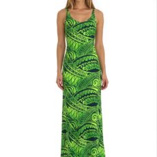 Robe longue SANTALE, légère et faite main, aux motifs tropicaux. Création exclusive COCOBLANC, disponible à Moorea, en Polynésie française.