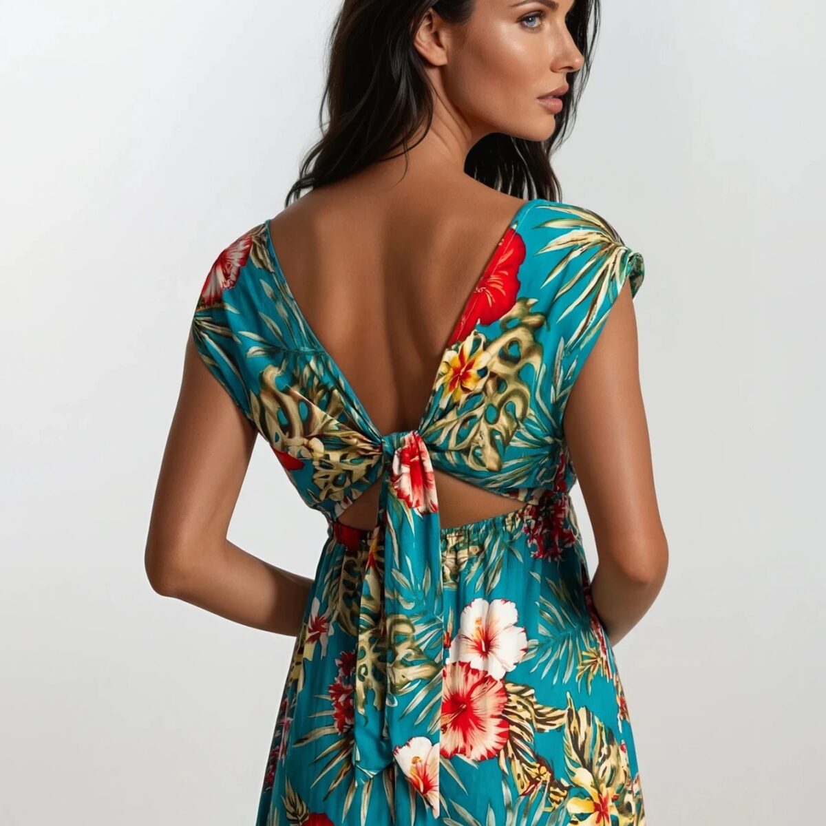 Robe longue STEFY 2-en-1, faite main, aux motifs tropicaux. Création exclusive COCOBLANC, disponible à Moorea, en Polynésie française.