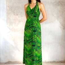 Robe longue ZOE, dos ouvert, faite main, motifs tropicaux. Création exclusive COCOBLANC, disponible à Moorea, en Polynésie française.